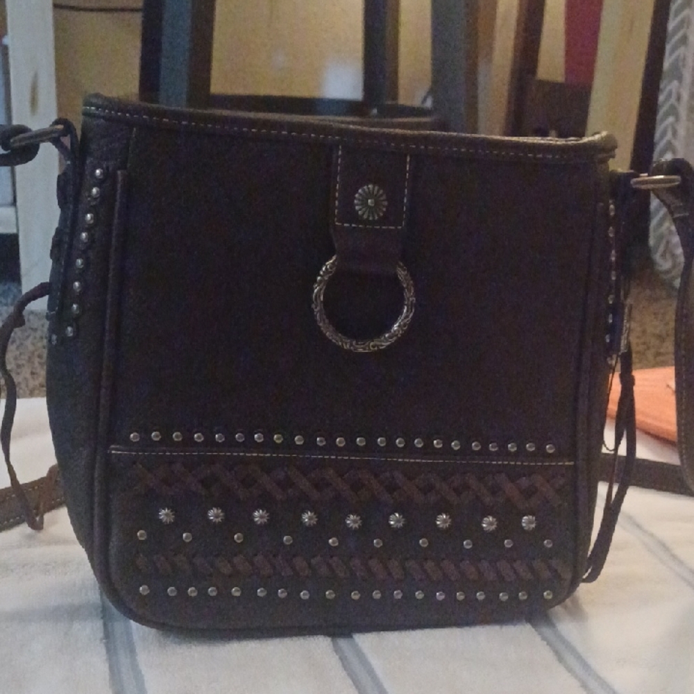Montana West Brown Leather Crossbody Bag with Studded Detailing